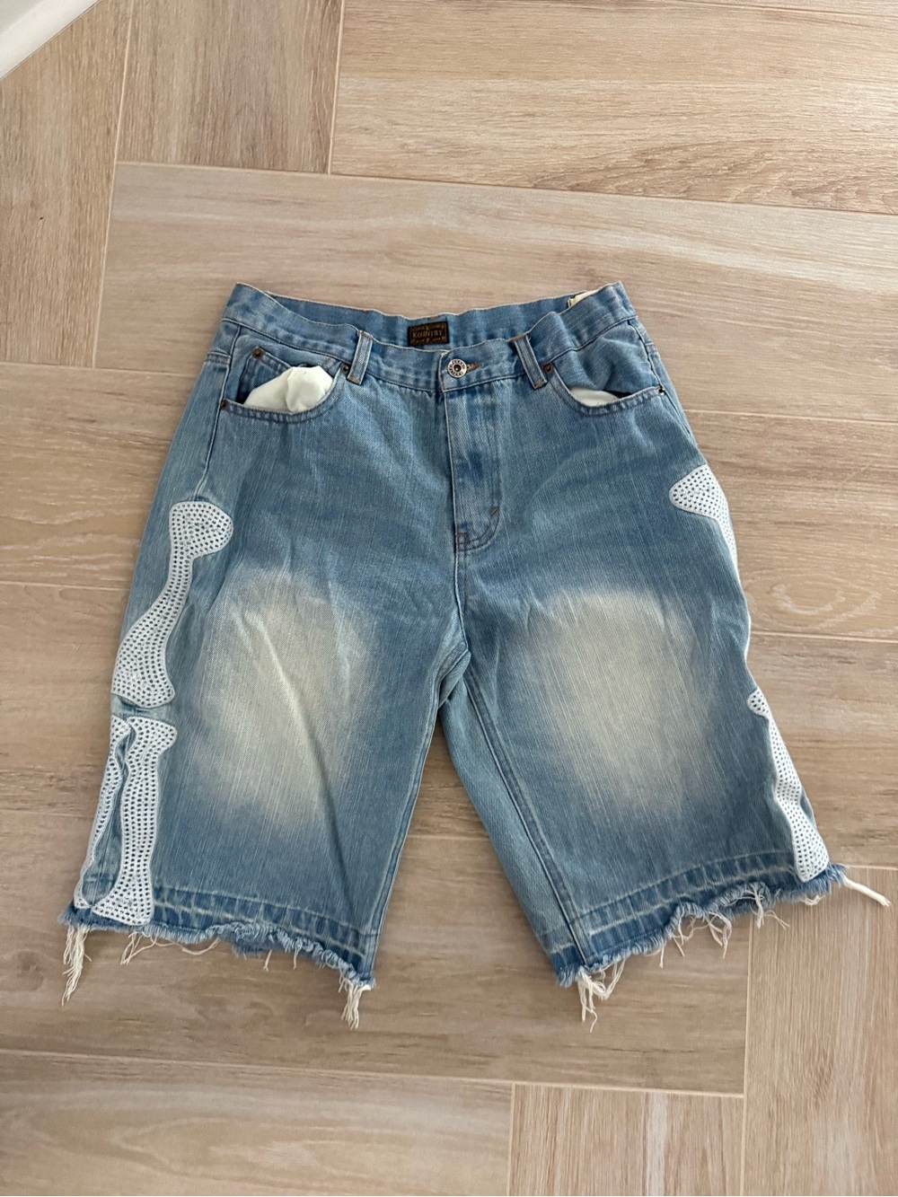 Kapital Light Blue Denim Jean Shorts with White Patch Details